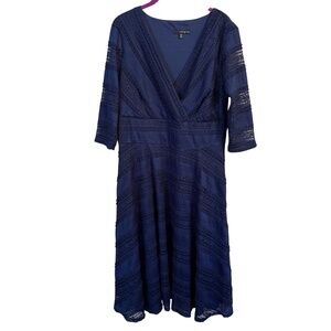 Sangria 14W Navy Lace Fit & Flare Dress 3/4 Sleeve Midi Cocktail‎ Party V-Neck